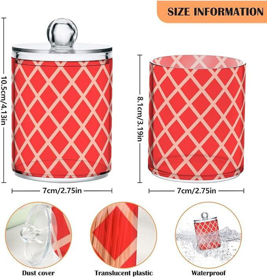 Tatenale Qtip Holder Bathroom Set Q tip Cotton Ball Swab Pad Dispenser Container Organizer Plastic Jars with Lids Storage 2Pack Red Square Rhombuses Mosaic Grid - ModernBath