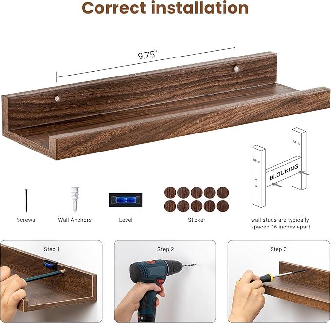 Heimlove Floating Shelves Set of 6, 16" Wall Mounted Picture Ledge, Display Shelf Organizer for Decor Storage, Wall Mounted Shelves for Living Room, Bedroom, Bathroom, Kitchen (Walnut) - ModernBath