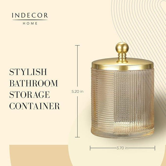 Indecor Home Tan Colored Tranlucent Apothecary Ribbed Geometric Etched Glass Jar W/Gold Metal Lid Cover for Bathroom Organization, Cotton Balls, Q Tips, and Small Accessories, Bathroom Storage - ModernBath