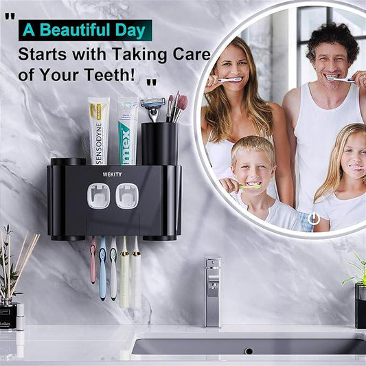 Toothbrush Holder,Multi-Functional Wall Mounted Toothbrush Holder,Toothpaste Dispenser for Bathroom with 2 Toothpaste Squeezers,5 Toothbrush Slots and 4 Cups(Black) - ModernBath