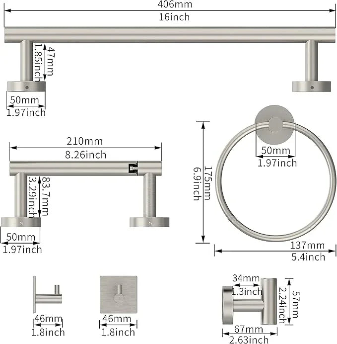 6 PCS Bathroom Hardware Set, Including 16" Hand Towel Bar, Toilet Paper Holder, Towel Ring, Robe Towel Hooks, Bathroom Accessories Kit (Brushed Stainless Steel) - ModernBath