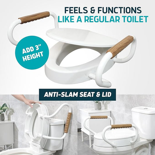 Lunderg Raised Toilet Seat with Handles - Elongated - Easy to Install Toilet Seat Risers for Seniors - Adds 3 Inches & Works like the one you’ve always used - Elegant design - No Hospital Vibe