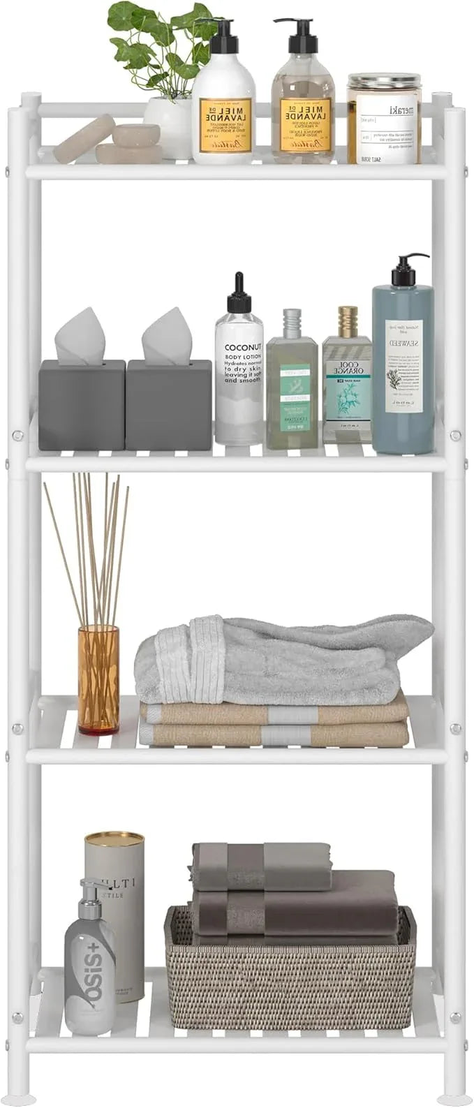 4 Tier Bathroom Storage Open Shelf Unit, Free-Standing Metal Corner Rack Shelving for Kitchen, Living Room, Hallway (White, Wider 4 Tier) - ModernBath