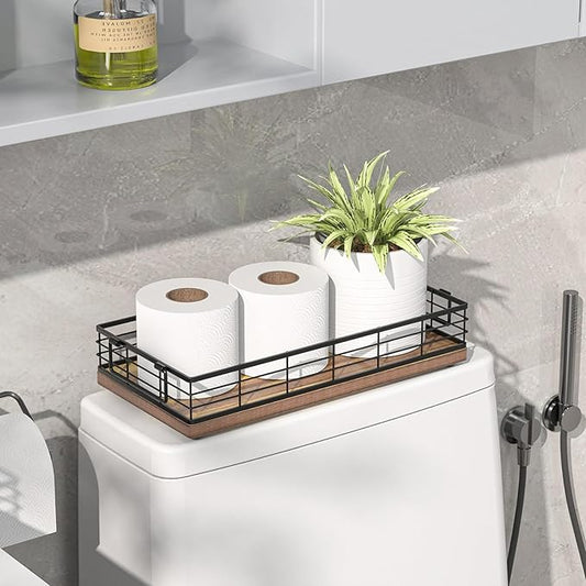 JNFUZ Acacia Toilet Paper Basket, 13 Inch Tank Tray Top of Toiletries Storage Organizer for Bathroom, Living Room and Kitchen (Acacia & Black)