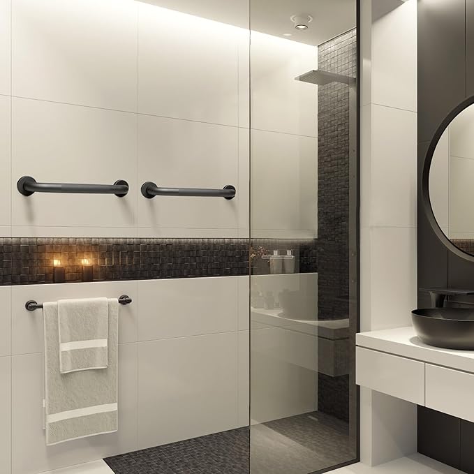 Rackickyer Shower Grab Bar, 2 Pack 12 Inch Gray Bathroom Grab Bar, 1.25" Diameter 304 Stainless Steel Anti-Slip Grab Bars for Bathtubs and Showers, Handicap Shower Grab Bar for Seniors Elderly