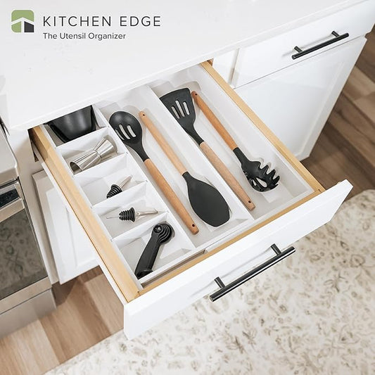 KitchenEdge Adjustable Kitchen Drawer Organizer for Utensils and Junk, Food-Safe Contract Grade with 100% Sustainable Wood, Expandable from 10.5 to 19 Inches Wide - White Bamboo
