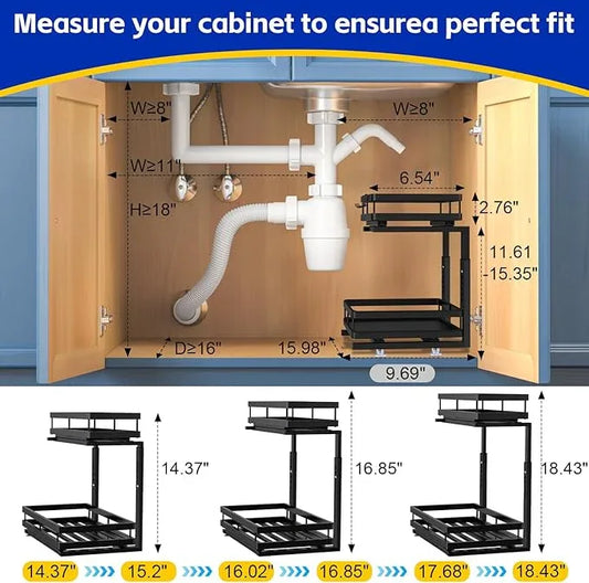 Under Sink Organizer, Dual-Rail Ball-Bearing, Under Kitchen Sink Organizer, 6-Level Adjustable, Under Cabinet Organizer, No-Drill Adhesive/Suction, Under Sink Storage (Matte Black, 2-Pack) - ModernBath