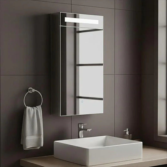 Fine Fixtures Bathroom Medicine Cabinet, Aluminum, Recessed/Surface Mount, Mirrored Interior w/LED (15 x 30 Left) - ModernBath