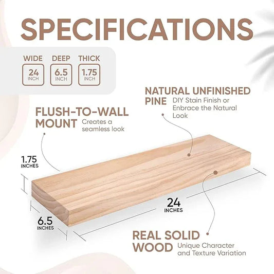 Homeforia 24 inch Wood Floating Shelves, High End Solid Natural Wood 24inch Floating Shelf for Wall, Unfinished Wooden 24 inches Floating Shelves, Heavy Duty Bracket, 24 X 6.5 X 1.75 in, Set of 3 - ModernBath