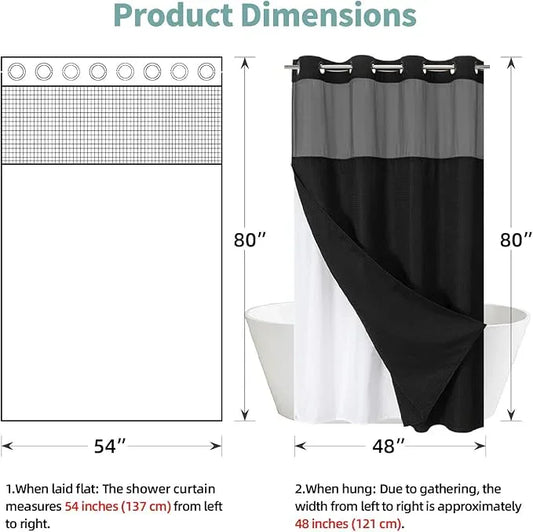 eachope Stall Black No Hook Waffle Weave Shower Curtain with snap-in Liner Replacement, 230GSM Waterproof Fabric Hotel Shower Curtain Set for Bathroom, Through Mesh Top Window,54Wx80H - ModernBath