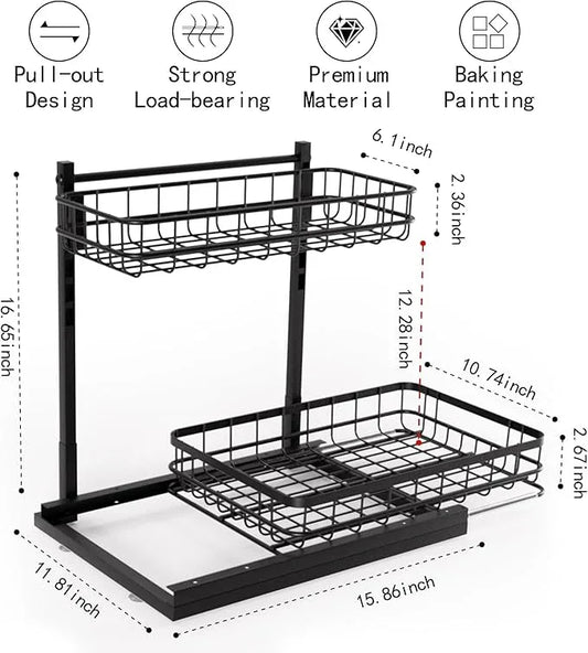 Under Sink Organizer, Adjustable Height Pull-Out Kitchen Storage Organization,15.8" x 11.8" x 16.5", 2-Tier Kitchen Shelf, Bathroom Drawer Organizer, 2 Pack|Black - ModernBath