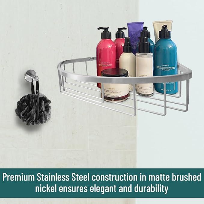 Stainless Steel Wall Mount Shower Caddy, Single Hook & Bath Wipe Waterproof Durable Corner Shower Rack for Bathroom Space Saving Bathroom Organizer & Storage for Shampoos Soap Bath Items Brushed - ModernBath