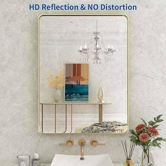 WEER Gold Bathroom Mirror, 24X32 Inch Brushed Gold Metal Frame Mirror, Rounded Rectangle Gold Bathroom Vanity Mirror for Wall, Tempered Glass, Anti-Rust, Hangs Horizontally or Vertically - ModernBath