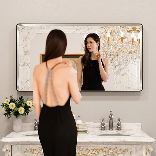 LOAAO 55X30 Inch Brushed Nickel Bathroom Mirror, Rounded Rectangle Silver Metal Frame Mirror, Brushed Nickel, Anti-Rust, Shatter Proof, Hangs Horizontally or Vertically - ModernBath