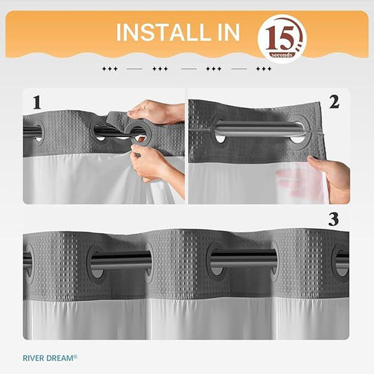 River Dream Heavyweight No Hooks Required Dotted Waffle Weave Shower Curtain with Snap in Liner -Stall 54W x 80H,Hotel Grade,Spa Like Bath Curtain,Gray - ModernBath