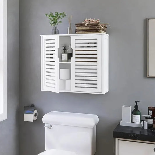 HITNET White Bathroom Cabinet Over Toilet, Bamboo Hanging Medicine Cabinet, Wall-Mounted Storage Organizer, Kitchen Cupboard with Double Doors and Adjustable Shelf - ModernBath