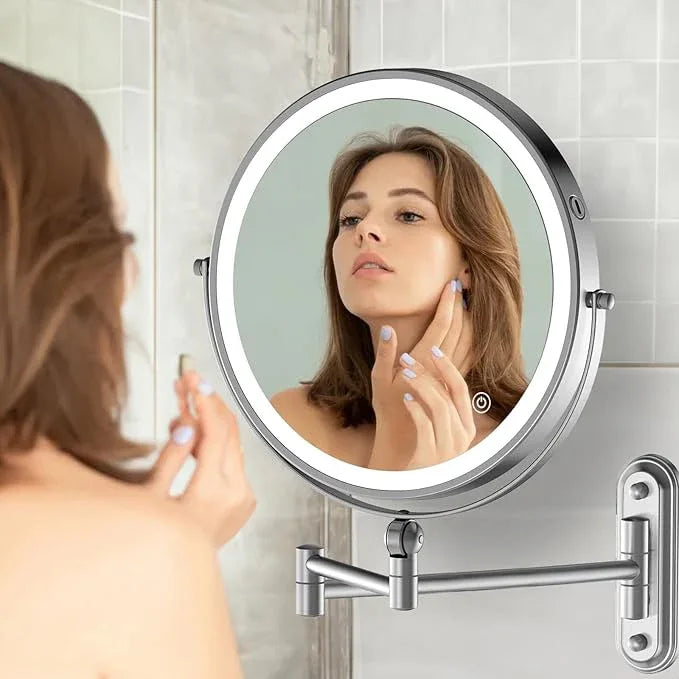 9" Wall Mounted Makeup Lighted Mirror, 4000mAh Rechargeable Double Sided LED Vanity Mirror with Height Adjustable&1X/10X Magnification, 3 Color Lights Touch Screen Dimmable 360°Swivel Bathroom Mirror - ModernBath