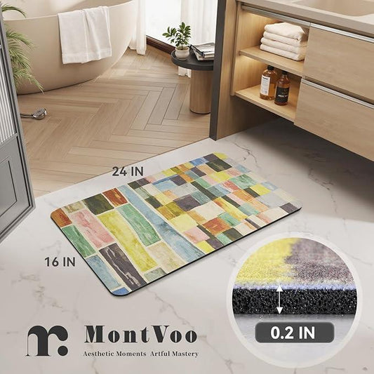 MontVoo -Bath Mat-Non Slip Thin Bathroom Rugs Fit Under Door- Quick Dry Absorbent Faux Suede Surface Grey Bathroom Floor Mats-Shower Rug for in Front of Bathtub Shower Colorful Plaid 16x24 - ModernBath