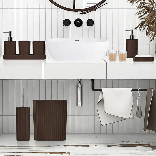 XLHOMO Bathroom Accessories Set - Gorgeous Bathroom Set, 10PC Brown Bathroom Accessories, Bathroom Accessory Set, Toilet Brush, Trash Can, Qtip Holder Dispenser & Soap Dispenser - ModernBath