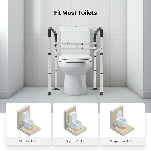 Careboda Toilet Safety Rails, Toilet Frame for Seniors, Elderly & Disabled, Toilet Rails Adjustable, Foldable Toilet Handles, Non-Slip Foot Mats, Easy to Store, Fit Any Toilets, 300lbs Capacity