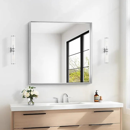 NIMURY Silver Bathroom Mirror, 30x30 Inch Rectangular Framed Mirror, Large Wall Mounted Bathroom Vanity Mirror Over Sink for Bedroom,Restroom, Living Room, Hangs Vertically or Horizontally - ModernBath