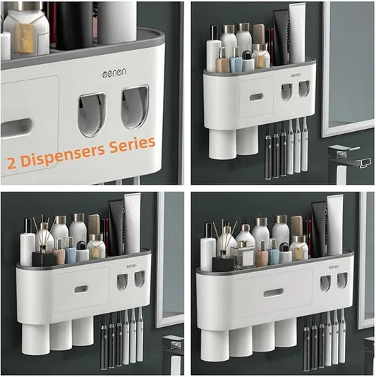 Celsitudo No-Drill Wall Mounted Toothbrush Holder, Bathroom Shelf, with Automatic Toothpaste Dispensers 6 Brush Hooks Magnetic Cups 1 Cosmetic Drawer Organizer and Large Storage (2 Dispensers 4 Cups) - ModernBath