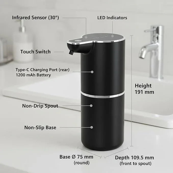 TOSCARA Auto Sensor Foam Soap Dispenser β Touchless, Rechargeable, Hands-Free Liquid Foaming Soap Dispenser for Kitchen, Bathroom, Office,HotelβHygienic No-Touch Hand Wash with 4- Foam Modes (Black) - ModernBath