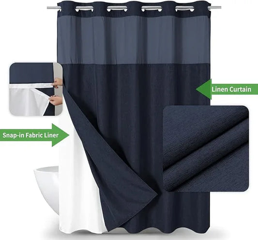eachope No Hooks Needed Linen Textured Shower Curtain with Snap-in Fabric Liner Set,Hotel Luxury Decor Waterproof Shower Curtains for Bathroom with Mesh Top Window,Washable,71Wx74H,Navy Blue - ModernBath