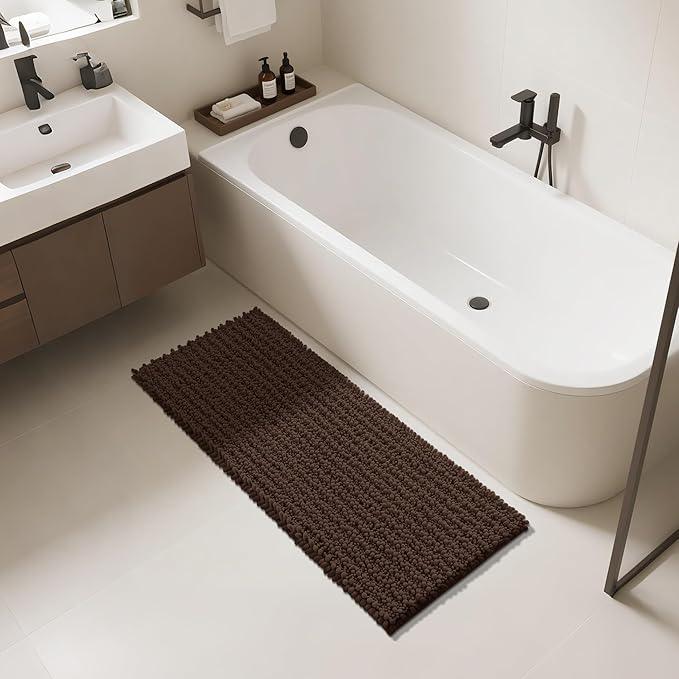 Yimobra Bathroom Runner Rug 55x24 Inch - Extra Long Non Slip Chenille Bath Mat, Soft & Absorbent, Machine Washable Shaggy Hallway Carpet for Vanity Tub Shower, Brown Home Decor Accessories - ModernBath