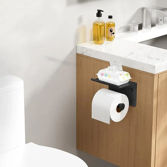 FORIOUS Toilet Paper Holder with Shelf, Adhesive or Screw Wall Mount Toilet Paper Roll Holder for Bathroom, SUS 304 Stainless Steel Commercial Toilet Tissue Holder with Storage Dispenser, Matte Black - ModernBath