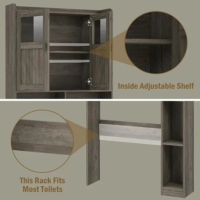 Vabches Over The Toilet Storage Cabinet, Bathroom Shelf Over Toilet with Glass Doors and Adjustable Shelves, Grey Freestanding Home Space Save Toilet Rack, for Restroom, Bathroom, Laundry - ModernBath