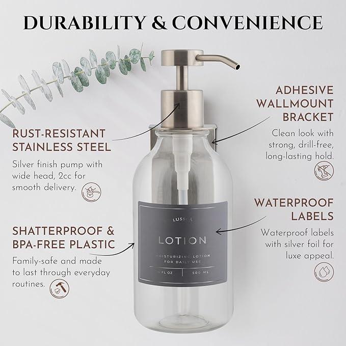 Shampoo & Conditioner Dispenser - Shower Soap Dispenser Wall Mounted - Set of 3 16.9 Oz Plastic Bottles with Pump & Holder - Shampoo Dispenser - Shower Dispenser Chamber No Drill (3 X Clear/Silver) - ModernBath