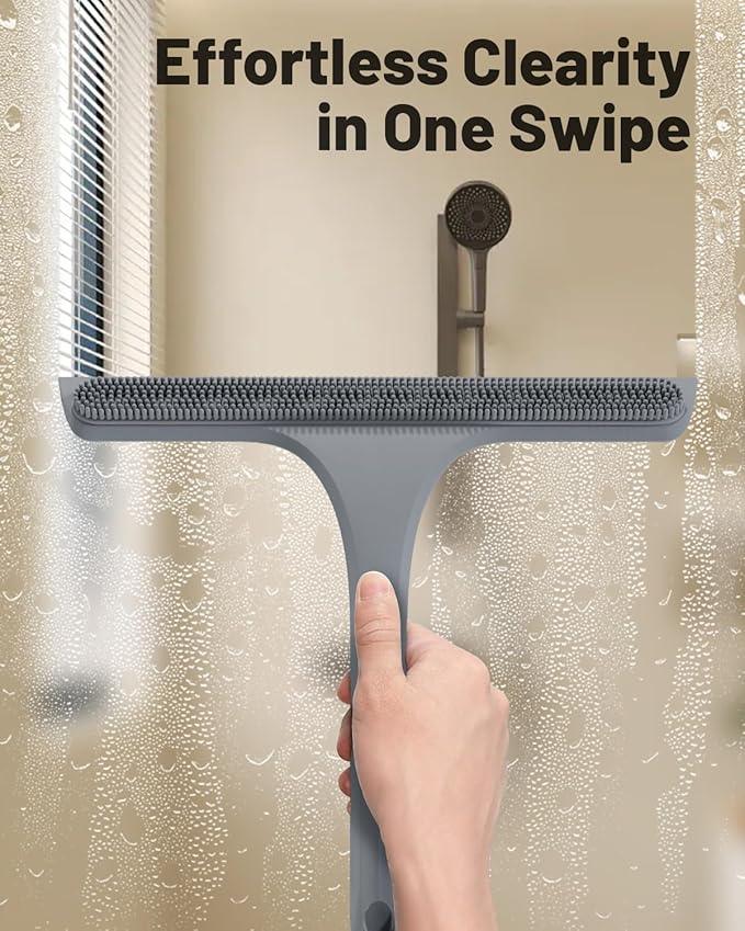 2-in-1 Silicone Shower Squeegee with Hook,Dual-Sided Design with Scraper & Scrub Surface,Rust-Proof Stainless Core,Streak-Free Bathroom Squeegee for Glass Doors,Mirrors,Windows,Car Windshields (Gray) - ModernBath