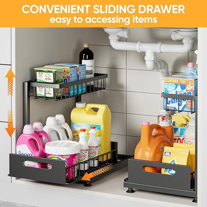 Under Sink Organizer Storage 2-Tier Premium Metal Pull-Out Racks, Height Adjustable, Heavy Dut and Easy Installation for Kitchen & Bathroom Organizers 2 Pack - ModernBath