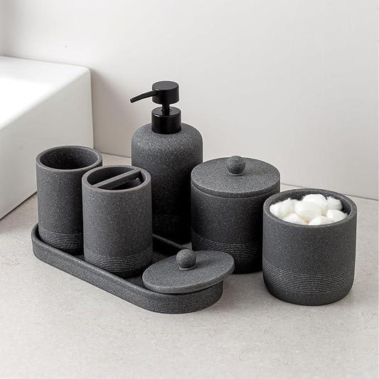 Haocoott Bathroom Accessories Set, 6 PCS Modern Bathroom Accessory Set with 15 OZ Soap Dispenser, Toothbrush Holder, Vanity Tray, Tumbler, 2 PCS Qtip Holders (Grey) - ModernBath