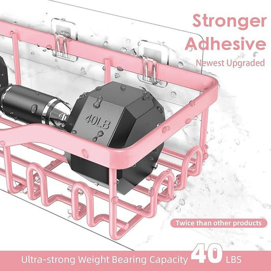 Shower Caddy Adhesive Shower Organizer 7-Pack, Rustproof Stainless Steel Bathroom Shelves, Large Capacity No-Drill Rack Storage Accessories with Soap Dish Toothbrush Holder Hooks (Pink) - ModernBath