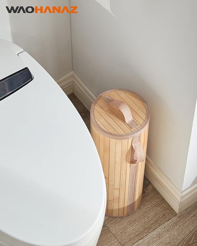 Bamboo Toilet Paper Storage Basket with Lid & Handle - 10L Handwoven Bathroom Organizer for 4 Rolls - Sturdy Stand Holder for Toilet Paper Organization, Natural - ModernBath