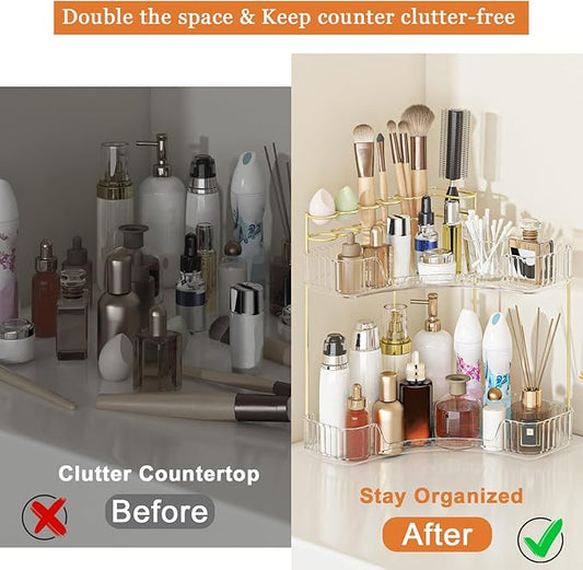 Webetop Corner Makeup Organizer for Vanity, 2 Tier Bathroom Cosmetics Organizer Countertop with Make up Brush Holder Corner Counter Storage Skincare Organizer for Bathroom Dresser Toiletry(Clear)