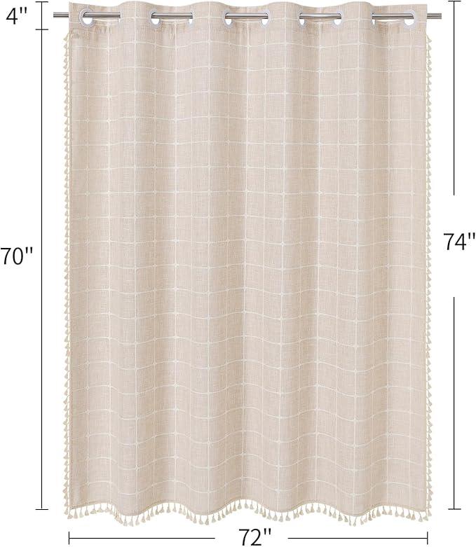 MitoVilla No Hooks Needed Boho Farmhouse Shower Curtain with Snap-in Liner, Cotton Linen Fabric Shower Curtains with Tassels for Rustic Neutral Bathroom Decor, Beige/Cream, 72 x 74 - ModernBath