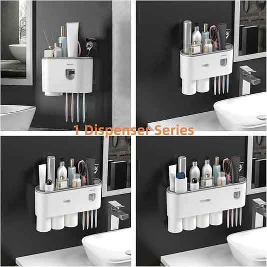 Celsitudo No-Drill Wall Mounted Toothbrush Holder, Bathroom Shelf, with Automatic Toothpaste Dispensers 4 Brush Hooks 2 Magnetic Cups 1 Cosmetic Drawer Organizer and Large Storage (1 Dispenser 2 Cups) - ModernBath