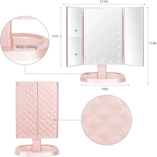 deweisn Trifold Lighted Vanity Makeup Mirror with 21 LED Lights,1x/2x/3x Magnification and Touch Screen Dimming,Two Power Supplies Makeup Mirror, Gift for Women - ModernBath