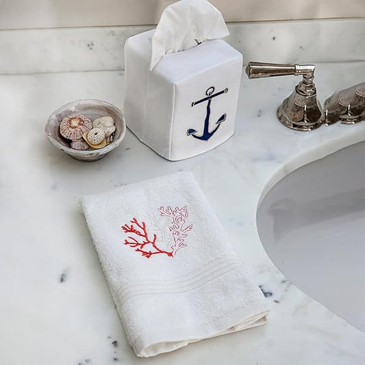 Jacaranda Living Square Tissue Box Cover, Linen/Cotton Fabric Tissue Holder, Decorative Cloth Tissue Cube Cover, Coastal Designs Coral, Navy