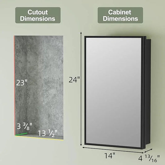 Buruis 14"x 24" Framed Medicine Cabinet with Mirror, Recessed or Wall Mounted Bathroom Cabinet, Adjustable Tempered Glass Shelves, Left/Right Open Reversible, No Assembly Required, Black - ModernBath