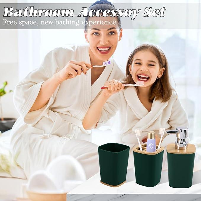 XLHOMO Dark Green Bathroom Accessories, Green Bathroom Accessories Set with Trash Can, Soap Dispenser, Toothbrush Holder, Toothbrush Cup, Soap Dish, Toilet Brush, Tray and Q-tip Holders - ModernBath