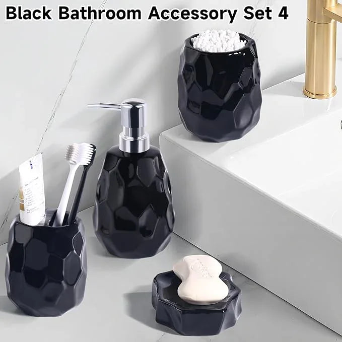Ceramic Bathroom Accessories Set 4 PCS,Bathroom Toothbrush Holder Set,Soap and Toothbrush Holder Set,Include Toothbrush Holder,Soap Dispenser,Soap Dish,Tumbler,Bathroom Sets Decor Organizer (Black) - ModernBath