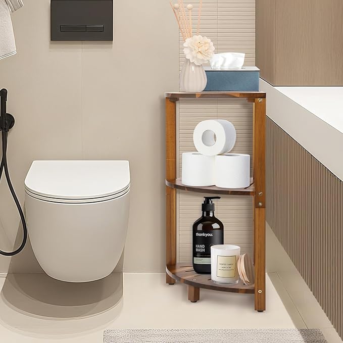 IBosins Corner Shower Caddy Standing 3-Tier Bathroom Shower Shelf for Inside Shower Natural Acacia Wood Organizer & Storage for Bedroom Living Room Kitchen