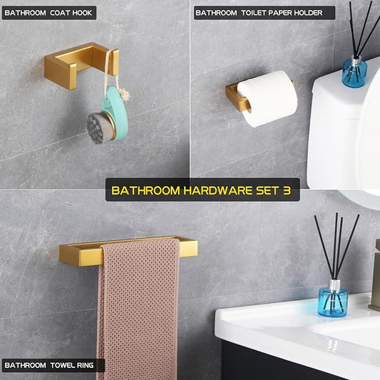 GERZWY Bathroom Accessory 3-Piece Set SUS 304 Stainless Steel Toilet Paper Holder Towel Ring Towel Hooks Wall Mount Gold Finished HG1708-3BE