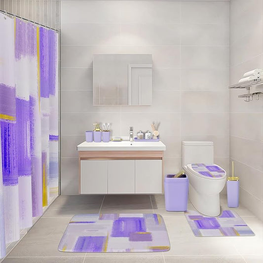 XLHOMO Bathroom Set - Purple and Gold Bathroom Accessories Set, Bathroom Sets with Shower Curtain and Rugs, Purple Shower Curtain Set with Bathroom Trash Can, Soap Dispenser, Soap Dish for Home Decor