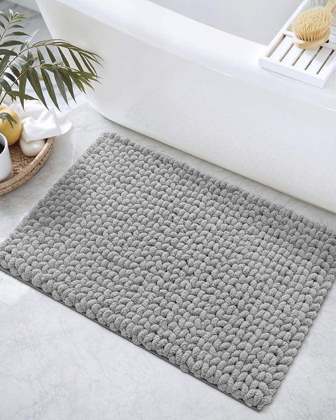 DEXI Bathroom Rugs 17x30, Non Slip Washable Bath Mat, Luxury Chenille Super Absorbent Ultra Thick Bathmats for Shower Floor, Plush Fluffy Shaggy Carpet for Tub, Light Grey - ModernBath