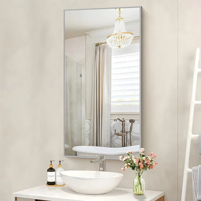COFENY 48x24In Silver Bathroom Mirror for Wall, Brushed Nickel Rectangle Mirrors with Metal Frame, Bathroom Rectangular Mirror Modern Wall Mirror for Bedroom Living Room, Hangs Horizontal or Vertical - ModernBath